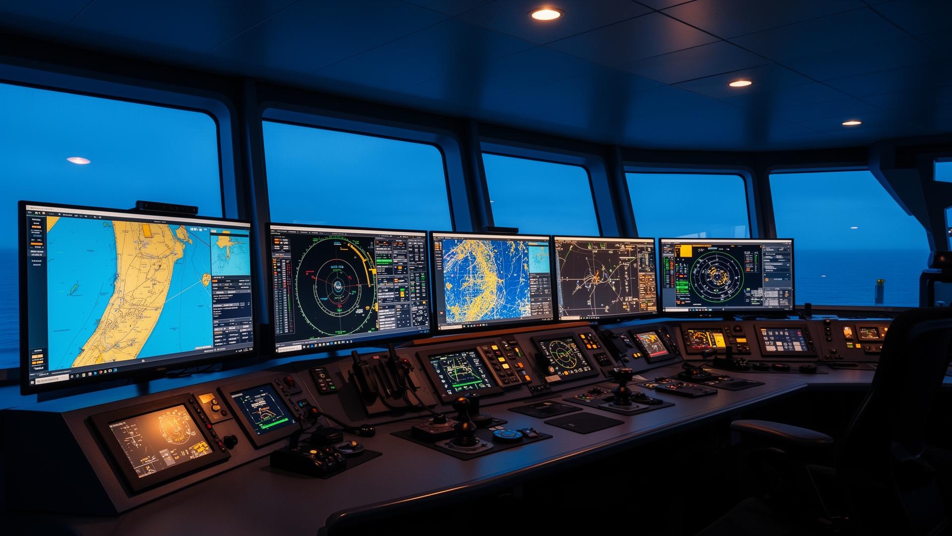 Offshore vessel control room with multiple instrument monitors